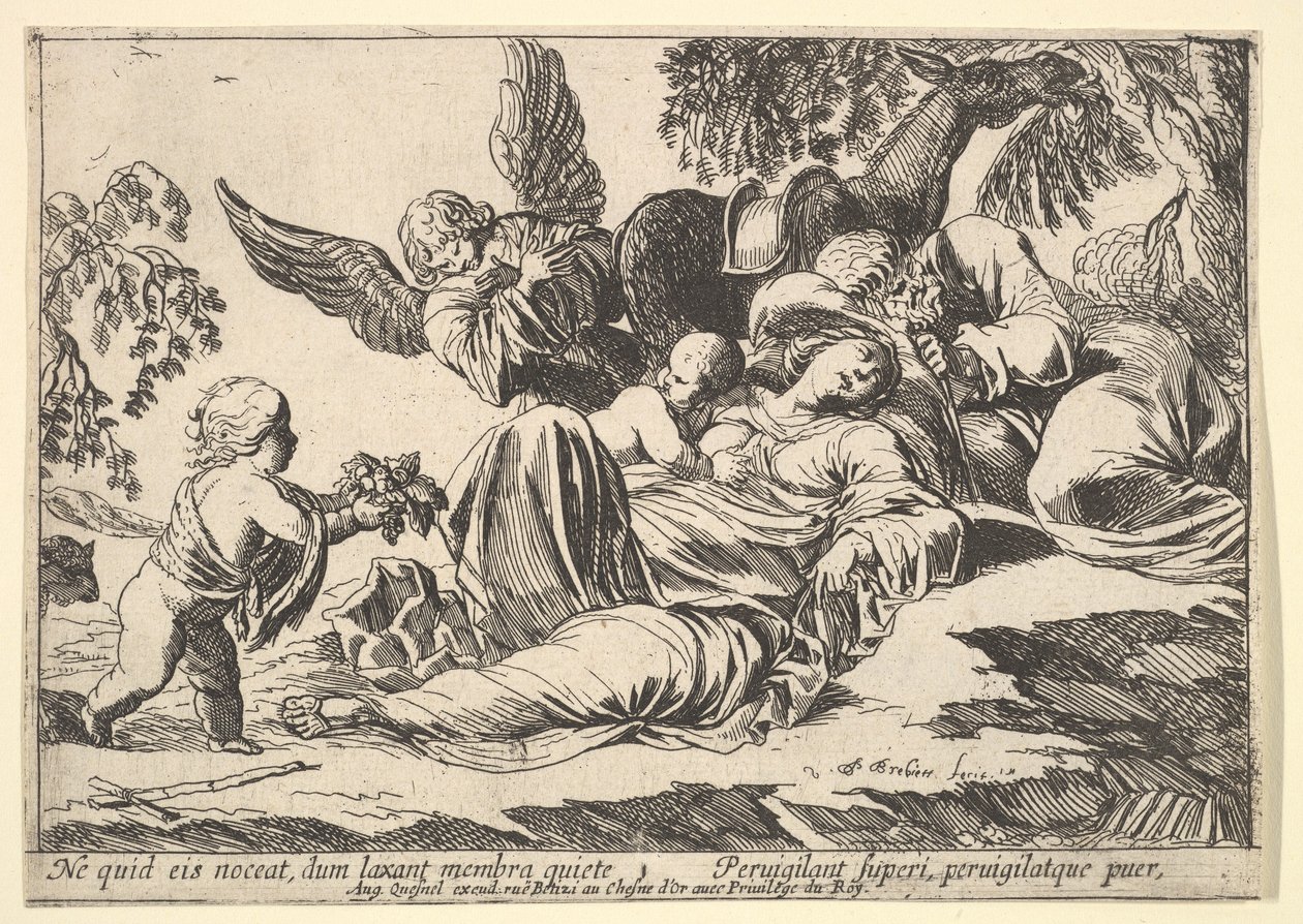 Ángeles dando fruta a la Sagrada Familia dormida, 1610-42 de Pierre Brebiette