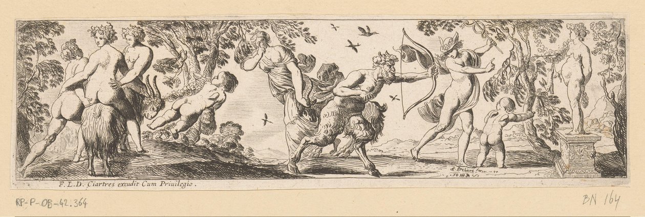 Satyr dispara una flecha a una estatua de Baco mientras Mercurio observa de Pierre Brebiette