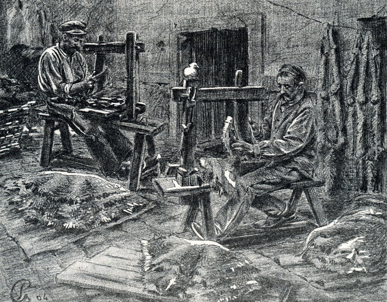 Artesanos descarnando las pieles de oveja Grabado de "Excursion a travers les metiers" de Pierre Calmette Colección particular de Pierre Calmettes