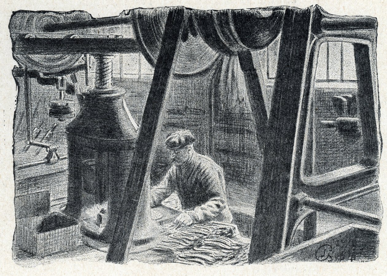 Estampación de cubiertos con un molino Grabado de "Excursion a travers les metiers" de Pierre Calmette Colección particular de Pierre Calmettes