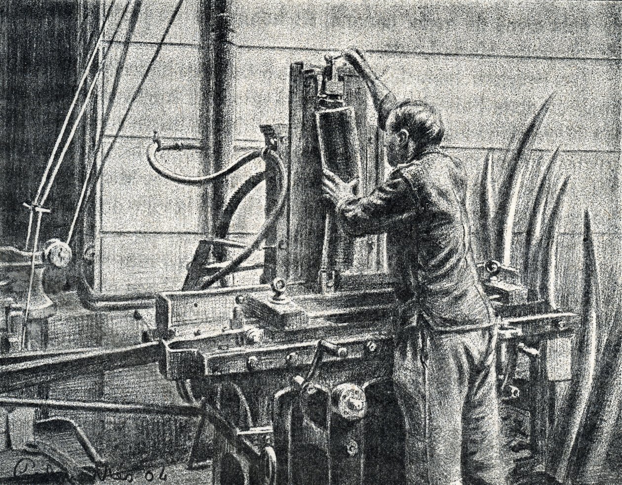 Artesano del marfil cortando colmillos de elefante Grabado de "Excursion a travers les metiers" de Pierre Calmette Colección particular de Pierre Calmettes