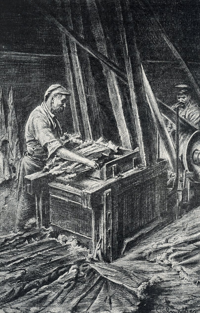 Peausserie, le corroyage: marroquinería, el ablandamiento de las pieles de animales en un grabado más completo de Pierre Calmette Collection privee de Pierre Calmettes