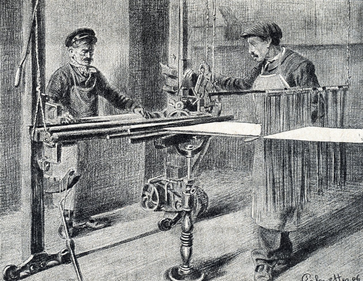 Taller de seda: la preparación de la cadena en la carpeta (Trabajo de la seda) Grabado extraído de "Excursión por los metiers" de Pierre Calmette Colección Privada de Pierre Calmettes
