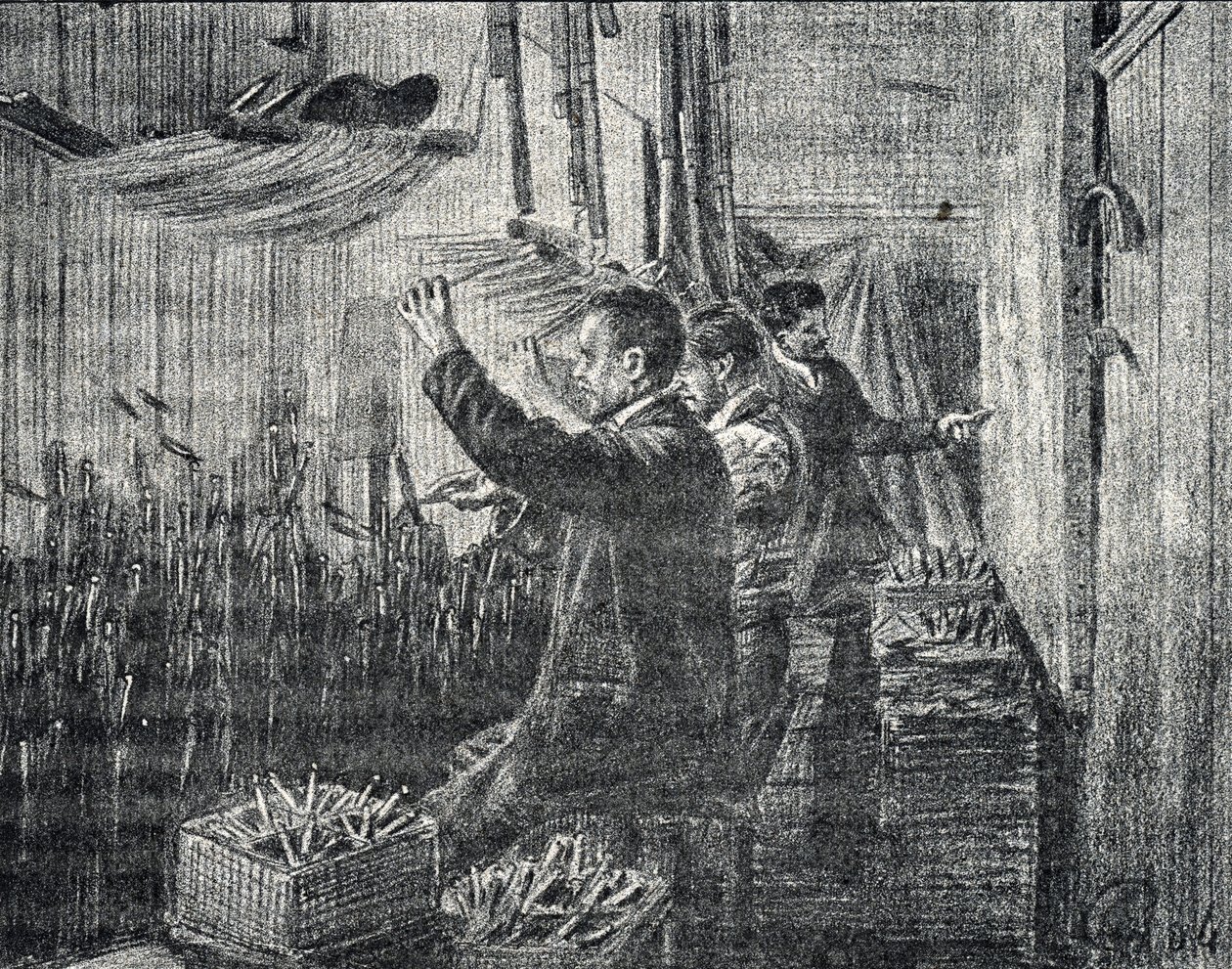 Tapiz de Aubusson: los tapiceros trabajan al revés Grabado de "Excursion a travers les metiers" de Pierre Calmette Collection privee de Pierre Calmettes