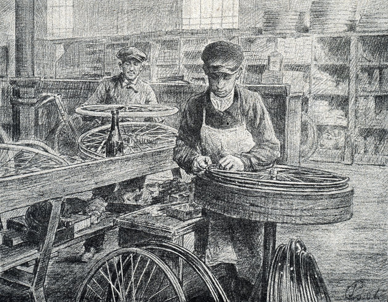Trabajadores fijando los radios a las llantas de una bicicleta durante su fabricación (fabricación de bicicletas) Grabado de Pierre Calmette Colección particular de Pierre Calmettes