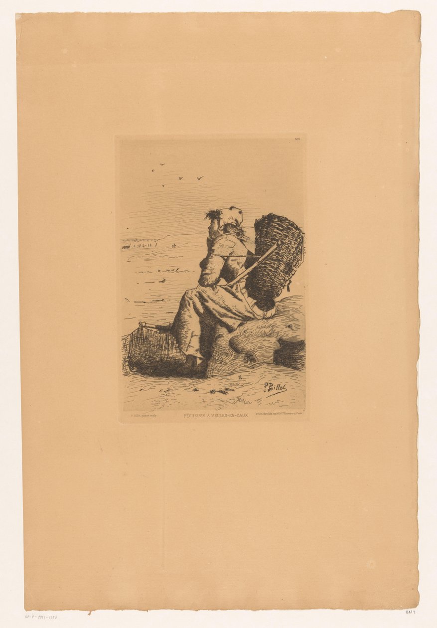 Rustende vissersvrouw aan de kust Pescadora en Veules-en-Caux (título sobre objeto) de Pierre Celestin Billet