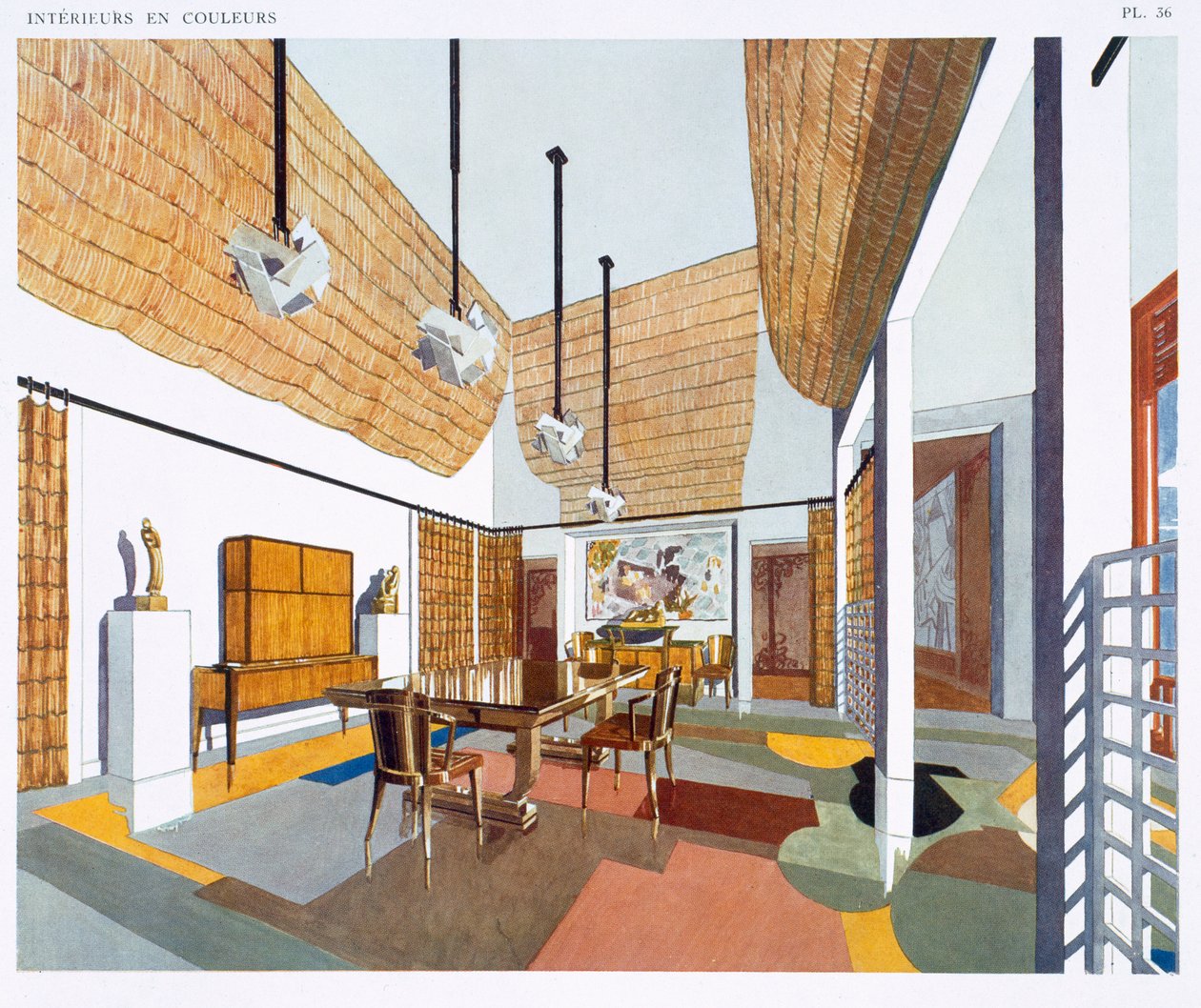 Comedor de estilo colonial, de "Interiores y colores", publicado en 1925 (litografía en color) de Pierre Chareau