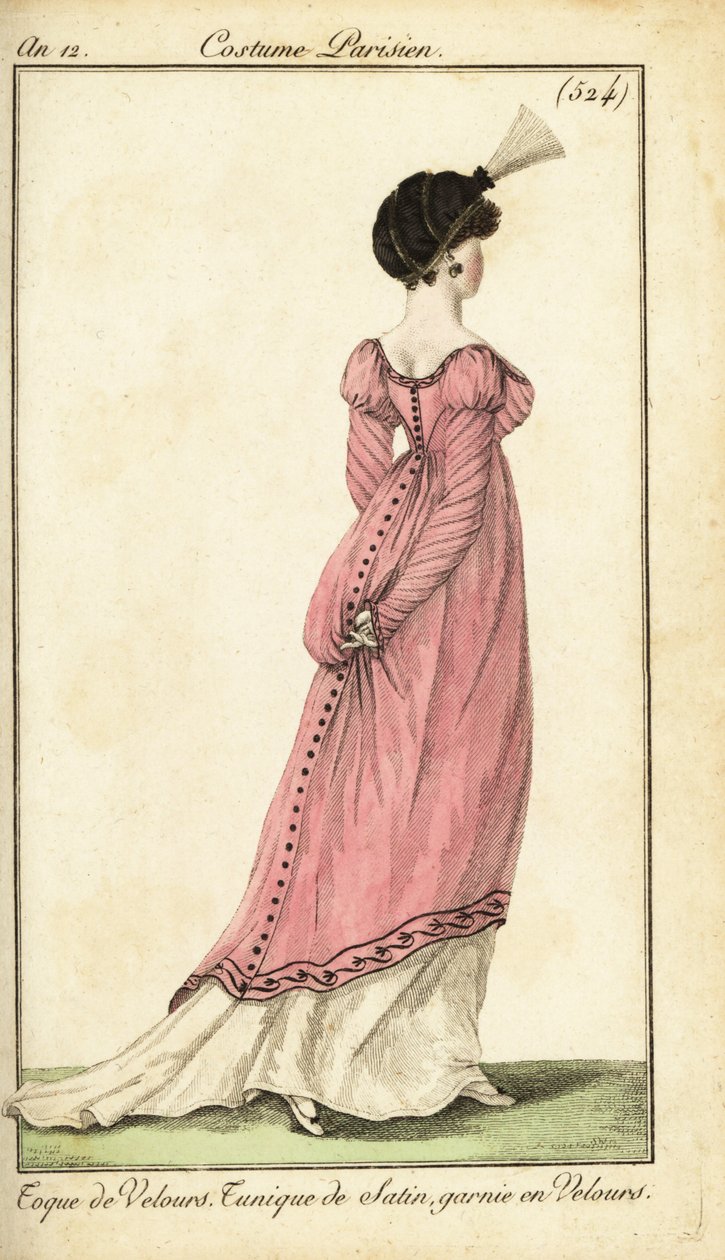 Mujer con vestido de túnica de raso y tocado de terciopelo, París de Pierre Charles Baquoy