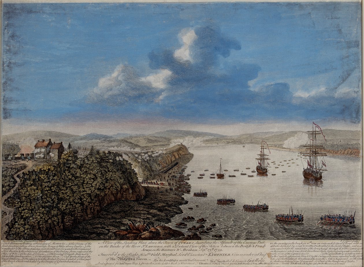 Vista del lugar de desembarco sobre la ciudad de Quebec describiendo el asalto...en las Alturas de Abraham, 13 de septiembre de 1759, c.1760 de Pierre Charles Canot
