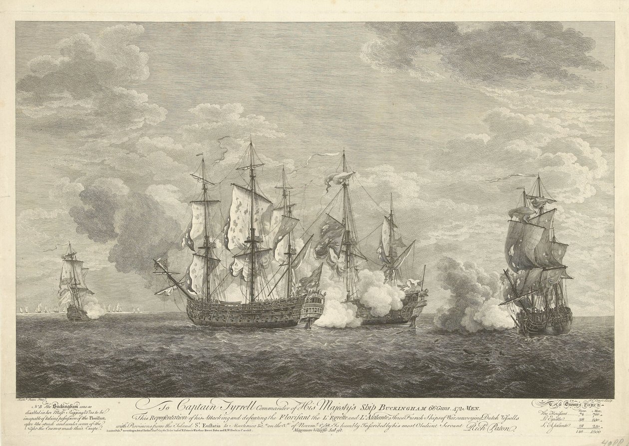 Ataque de un barco inglés a tres barcos franceses frente a San Eustaquio, 1758 de Pierre Charles Canot