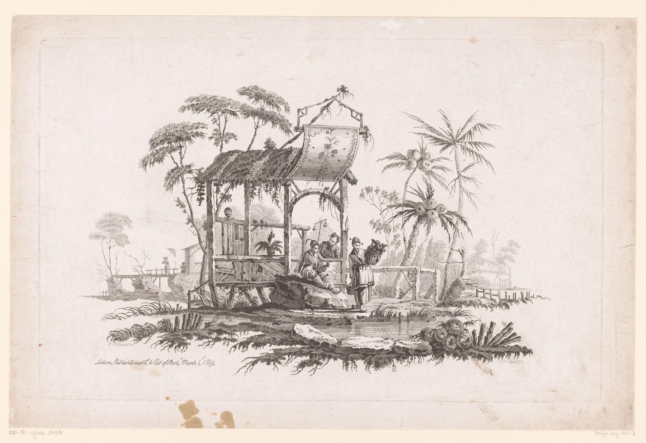 Figuras con canastas en el banco Escenas de género chino en paisajes (título de la serie) de Pierre Charles Canot