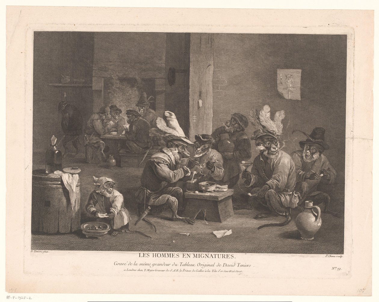 Monos fumando y bebiendo en una posada Les hommes y mignatures. (título en el objeto) de Pierre Chenu