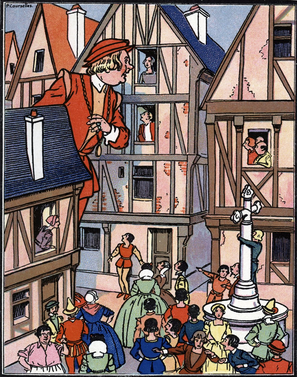 El gigante Gargantúa en las calles de Chinon Ilustración de Pierre Couselles (fallecido en 1938) a partir de "Gargantúa" de François Rabelais. de Pierre Courselles