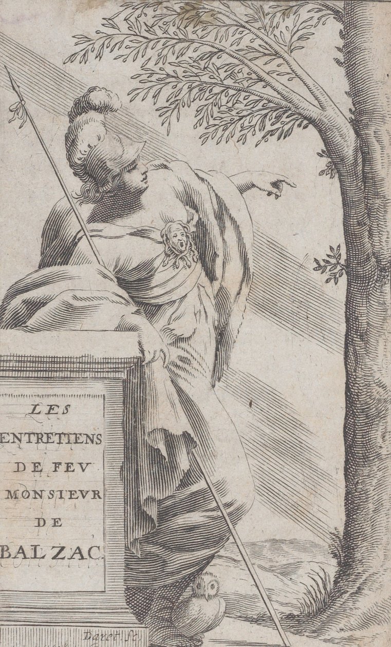Frontispicio, de Entrevistas con el difunto Sr. Balzac Les Entretiens de Feu Monsieur d..., 1660 de Pierre Daret