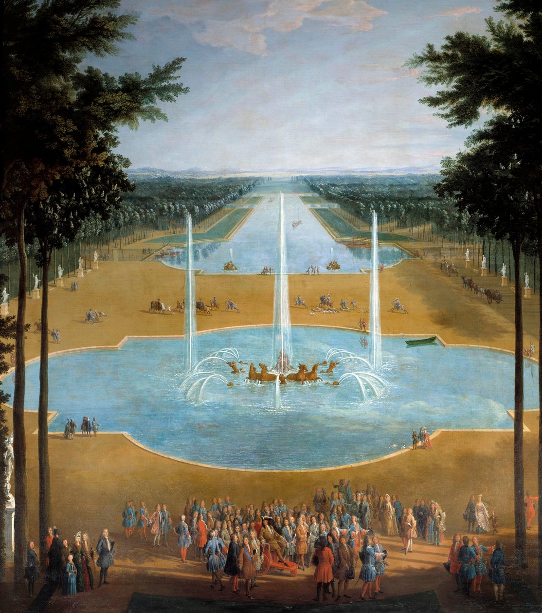 Vista del estanque de Apolo y el Gran Canal de Versalles en 1713, en primer plano: el Rey Luis XIV (1638-1715) en el paseo alrededor de 1713 (detalle) de Pierre Denis Martin