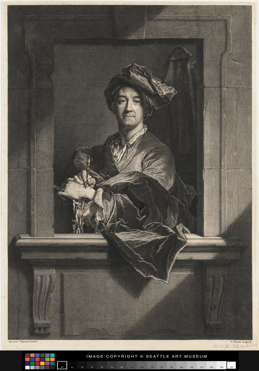 Grabado del retrato de Hyacinth Rigaud de sí mismo, finales del siglo XVII - siglo XVIII de Pierre Imbert Drevet