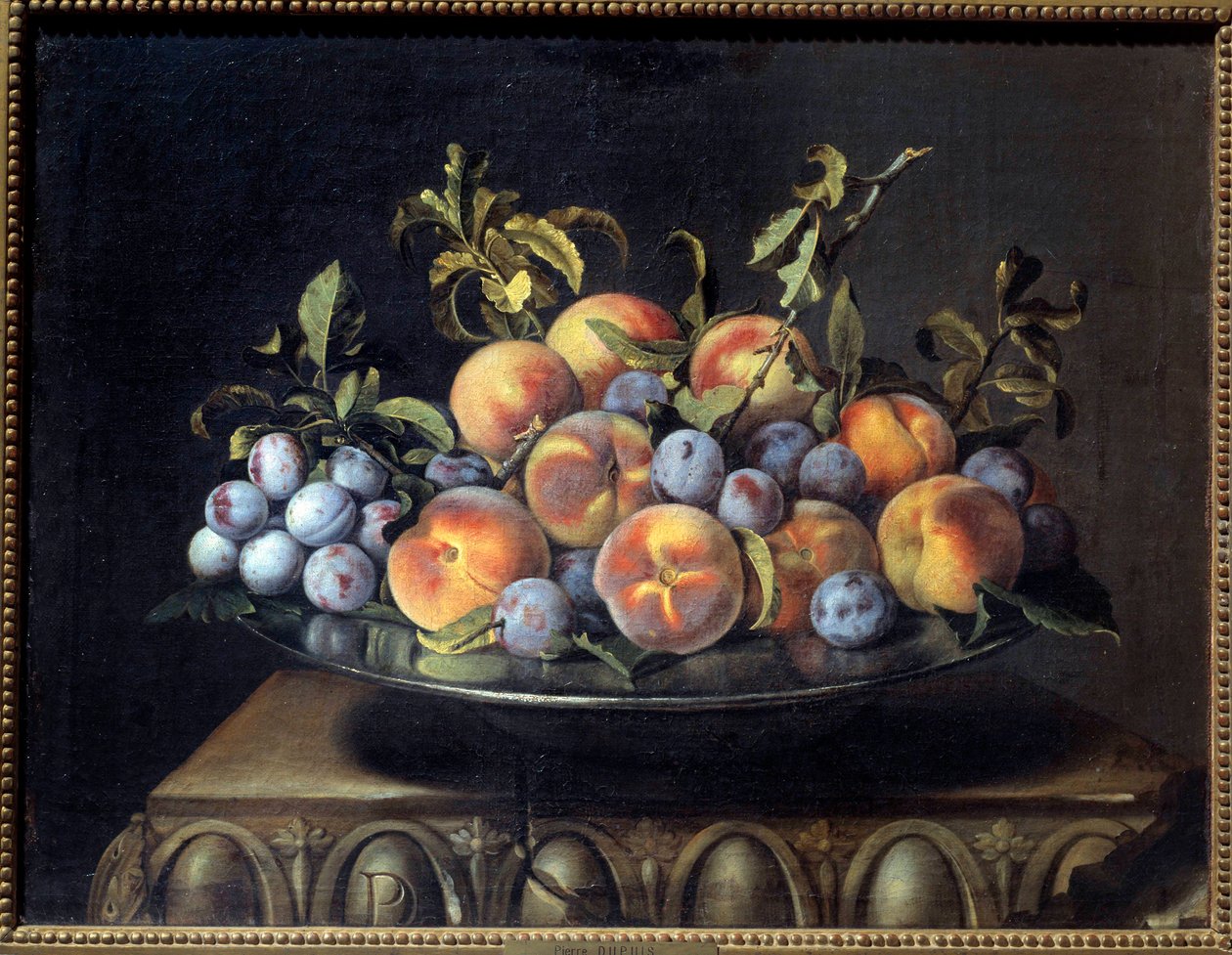 Duraznos y ciruelas en un plato de hojalata de Pierre Dupuis