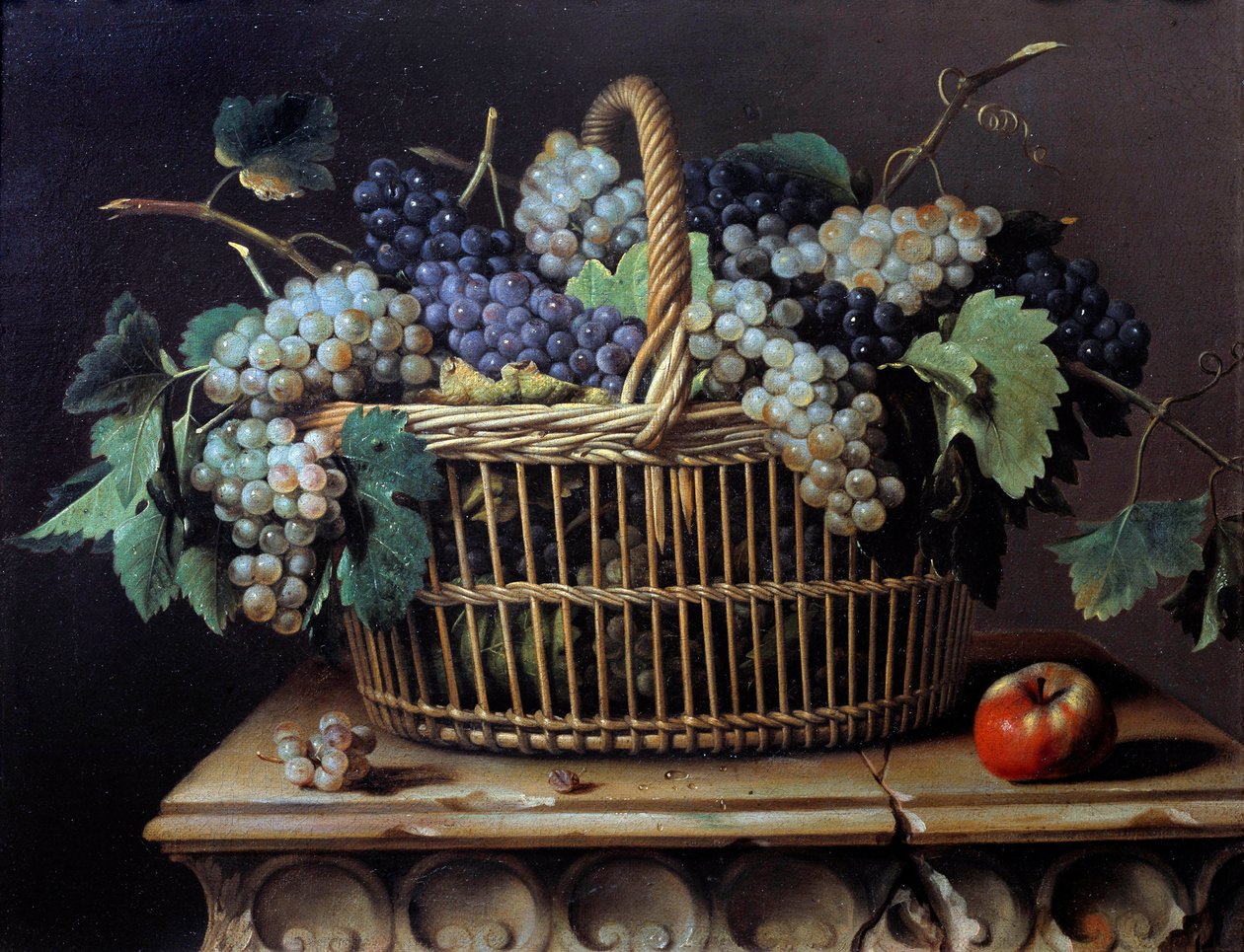 Naturaleza muerta de un racimo de uvas en una cesta de Pierre Dupuis