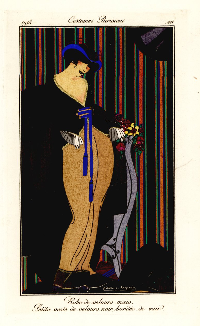 Mujer con vestido de terciopelo amarillo maíz con chaleco negro de Pierre E. Legrain