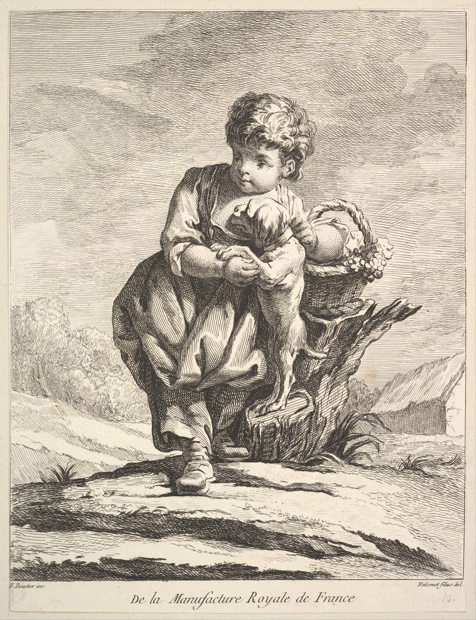 Niño con un perro, sosteniendo una cesta de uvas, de Premier Livre de Figures d