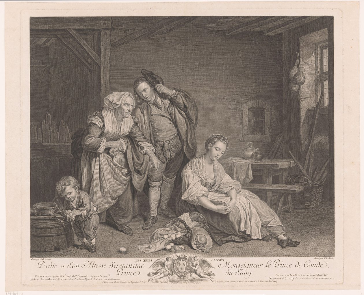 Mujer joven junto a una canasta de huevos rotos Les oeufs cassés (título sobre objeto) de Pierre Etienne Moitte