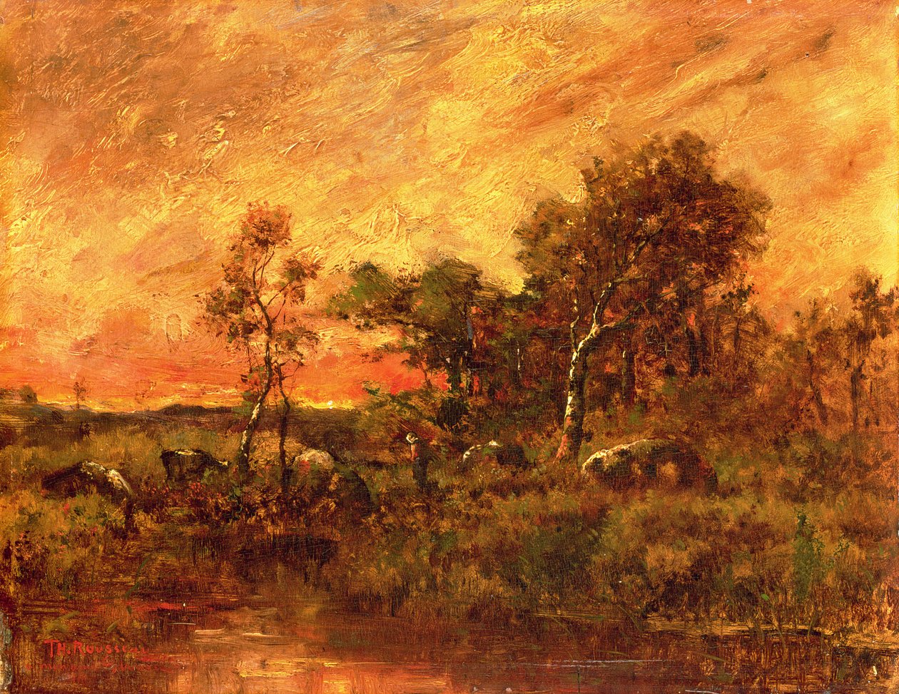 Paisaje boscoso con un recolector de ramas, siglo XIX de Pierre Etienne Theodore Rousseau