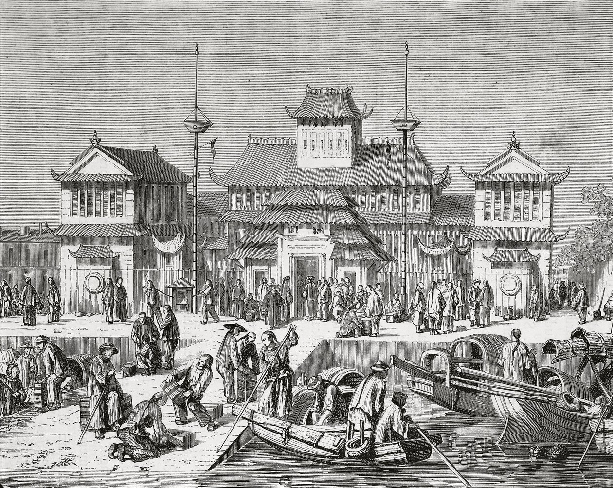 China, Shanghai, Aduana de Shanghai, grabado de Pierre Eugene Grandsire