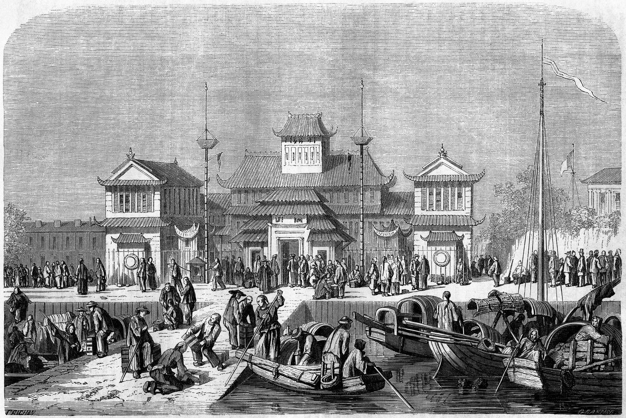 Vista de la aduana en el puerto de Shanghái en 1860, China. Grabado por Grandsire, en "Le Tour du Monde, Nouveau journal des Voyages", editado por Edouard Charton, París de Pierre Eugene Grandsire