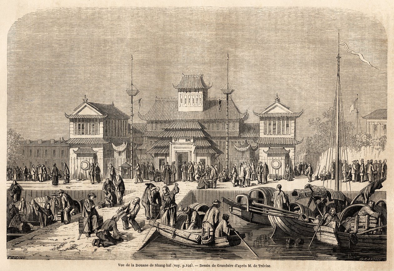 El edificio de aduanas de Shanghái, dibujo de Grandsire, para ilustrar el viaje a China y Japón, en 1857-1858, del Marqués de Moges. Grabado en "Le tour du monde, nouveau journal des voyages" París de Pierre Eugene Grandsire