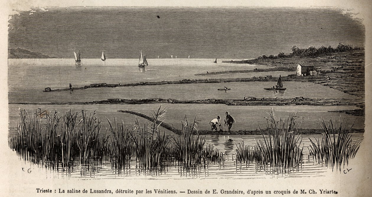 La salina de Lusandra, en las cercanías de Trieste, destruida por los venecianos que la veían como una peligrosa rivalidad al monopolio que ejercían en el Adriático, grabado por E.Grandsire ilustrando el viaje a Istria y Dalmacia en 1874 por Charles Yria de Pierre Eugene Grandsire