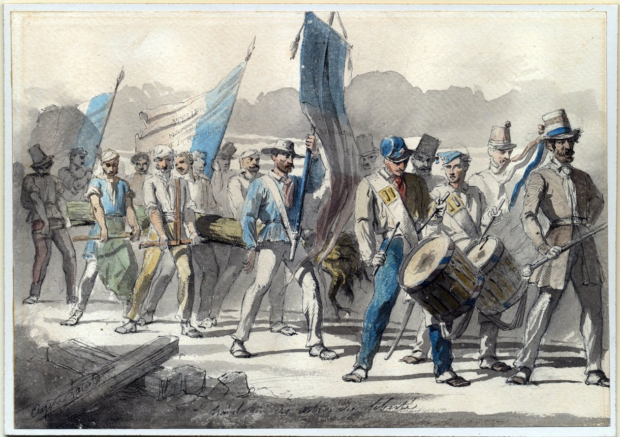 "La plantación de un árbol de la libertad en Francia en 1848" Acuarela de Pierre-Eugene Lacoste (1818-1908) 1848 Dim 24x34 cm Colección particular de Pierre Eugène Lacoste