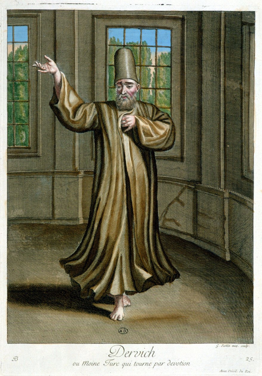 Derviche, o monje turco que baila por devoción, “Colección de 100 grabados que representan diferentes naciones del Levante en 1707 y 1708” por órdenes de M. de Frriol, embajador del rey en la Puerta y actualizado en 1712-13 por el cuidado de M. Le Hay, gra de Pierre François Basan