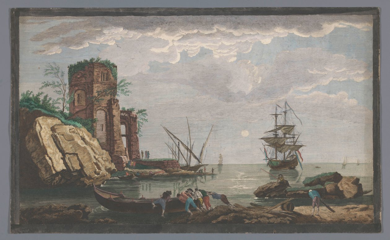 Vista de una costa cerca de la ciudad de Toulon a la luz de la luna Vüe ​​​​des environs de Toulon (título sobre objeto) de Pierre François Basan