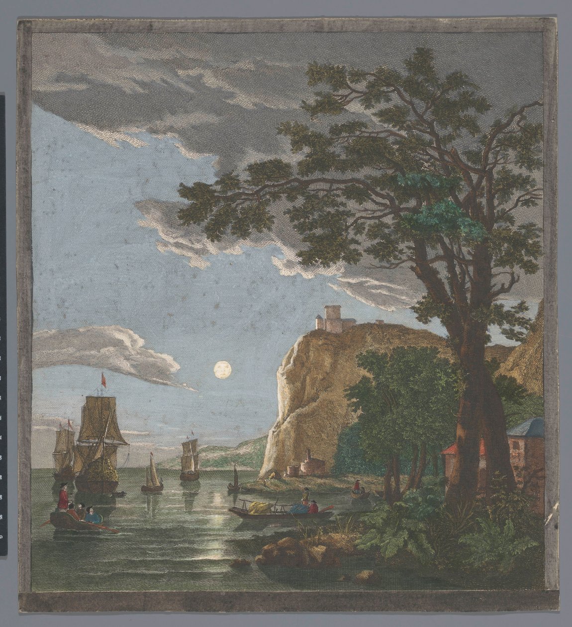 Vista de una costa con barcos y barcos en el agua a la luz de la luna La pleine lune (título sobre objeto) de Pierre François Basan
