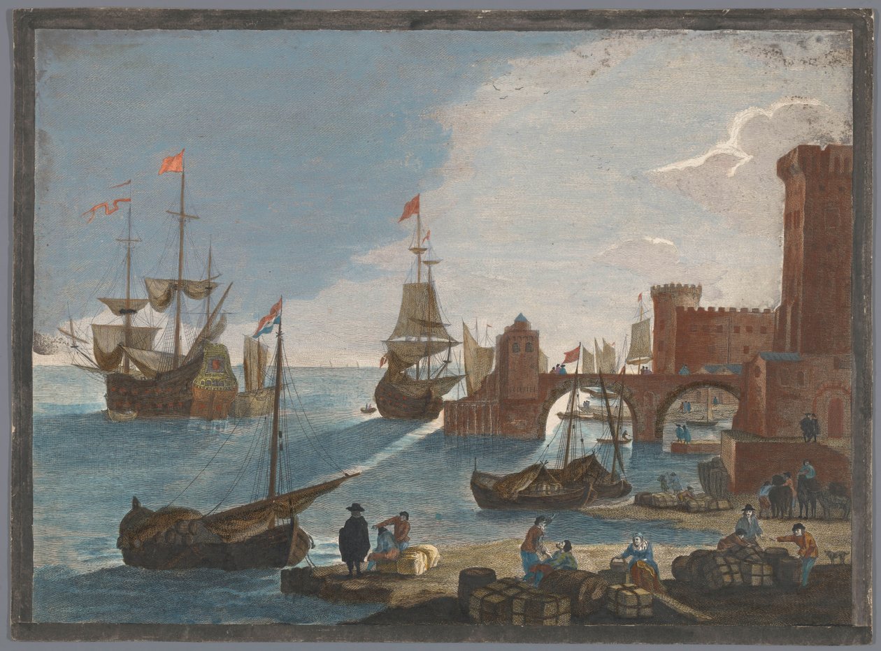 Vista de un puerto marítimo con barcos y botes en el agua
11e. Vüe maritime (título en el objeto) de Pierre François Basan