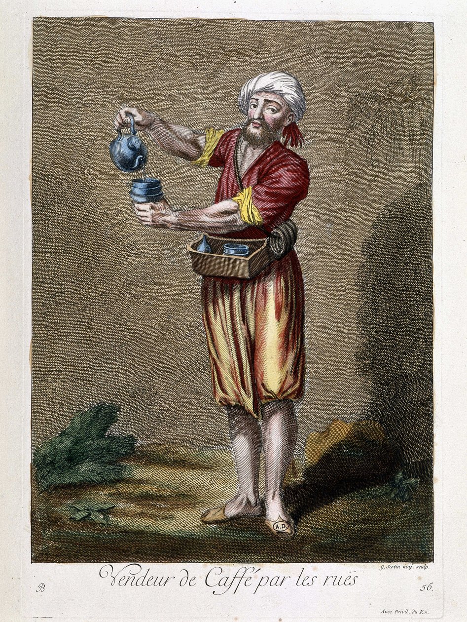Vendedor de café por las calles, “Colección de 100 grabados que representan diferentes naciones del Levante en 1707 y 1708” por órdenes de M. de Frriol, embajador del rey en la Puerta y actualizado en 1712-13 por el cuidado de M. Le Hay, grabador Basan, Pa de Pierre François Basan