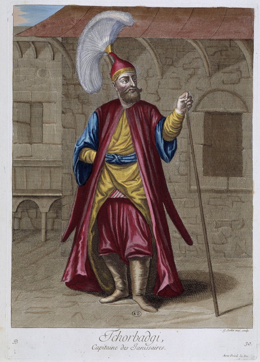 Tchorbadgi, capitán de los jenízaros, "Colección de 100 grabados que representan diferentes naciones del Levante en 1707 y 1708" por órdenes de M. de Frriol, embajador del rey en la Puerta y actualizada en 1712-13 por el cuidado de M. Le Hay, Basan de Pierre François Basan
