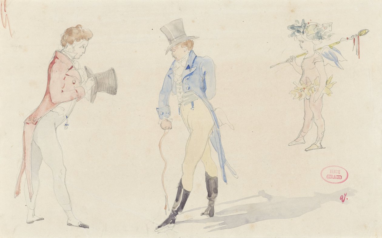 Hoja de boceto ligero que muestra a dos dandis que se reúnen y un amour de ballet de Pierre François Eugène Giraud