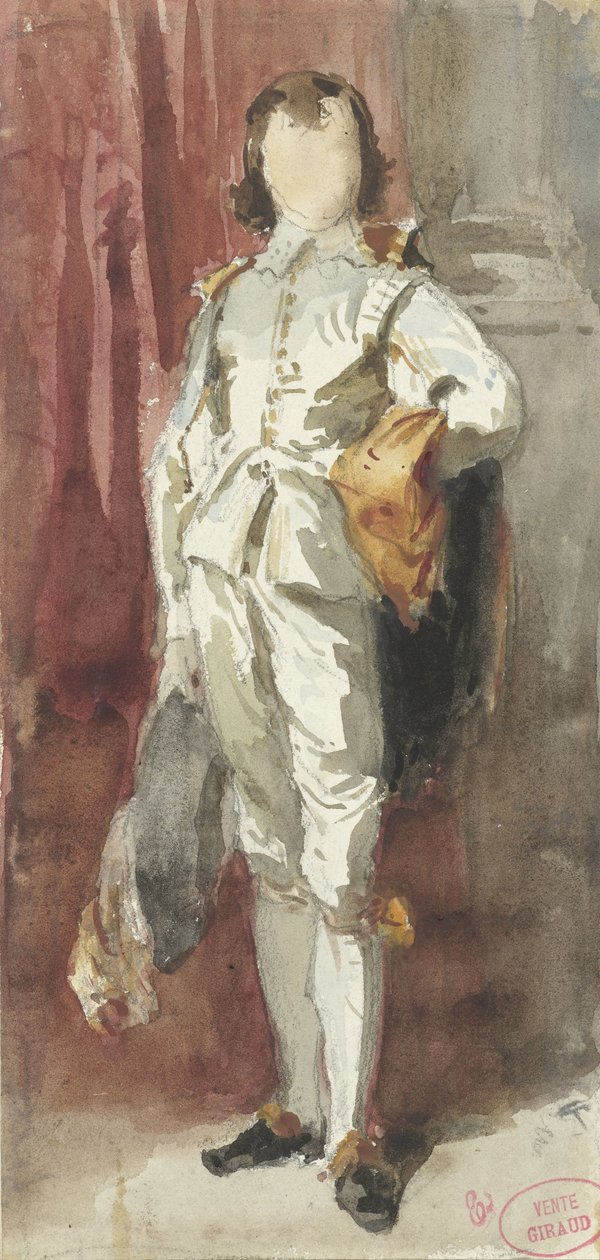 Niño de pie con traje de Van Dyck, contra una cortina roja de Pierre François Eugène Giraud