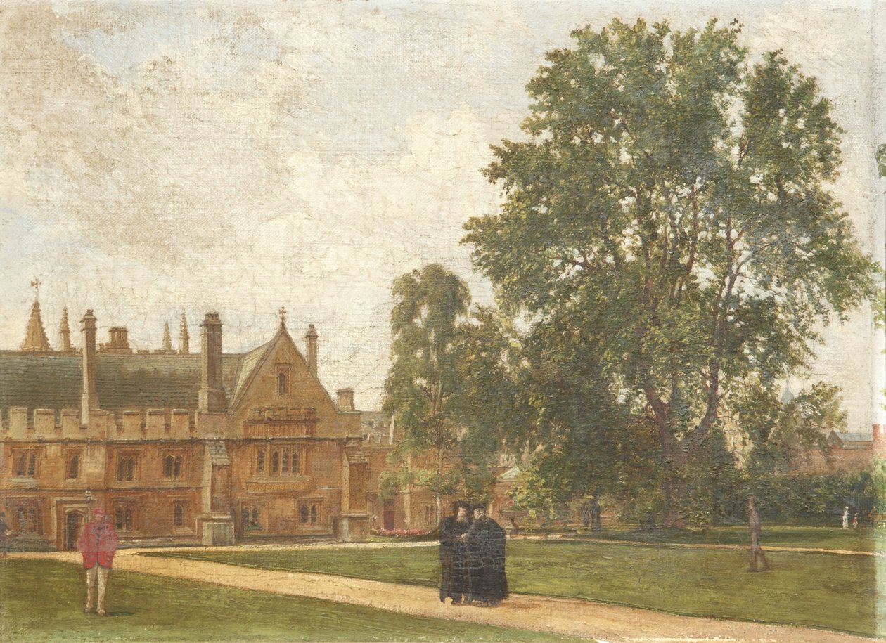 En los terrenos del Magdalen College, con retratos de los Fellows de Magdalen: Reverendo T. H. T. Hopkins, Reverendo H. R. Bramley, Reverendo J. Rigaud y Reverendo H. F. Garnsey, 1882 de Pierre François Joseph Tonneau