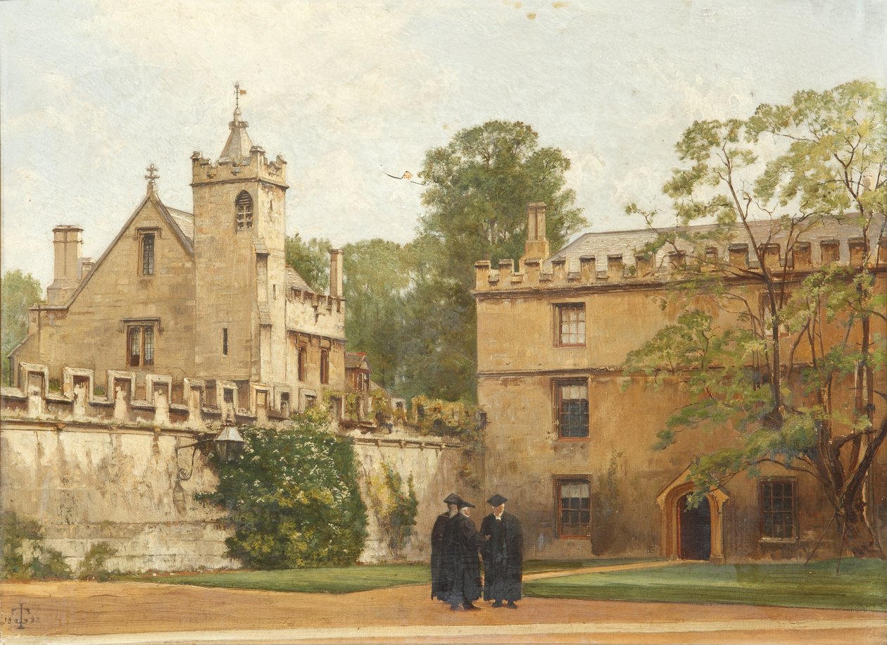 La Sala de Gramática desde el Cuadrángulo de St. Johns en 1881: Presidente Bulley en el Camino de las Habitaciones y dos más, 1881 de Pierre François Joseph Tonneau