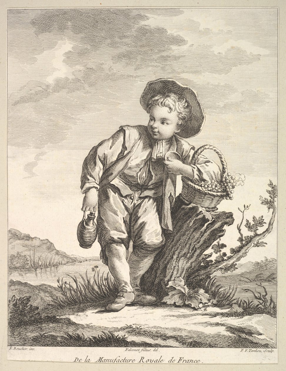 Niño pequeño sosteniendo una canasta de uvas, de Deuxième Livre de Figures d