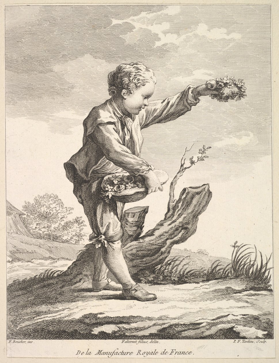 Niño pequeño sosteniendo una corona y una canasta de flores, del Deuxième Livre de Figures d