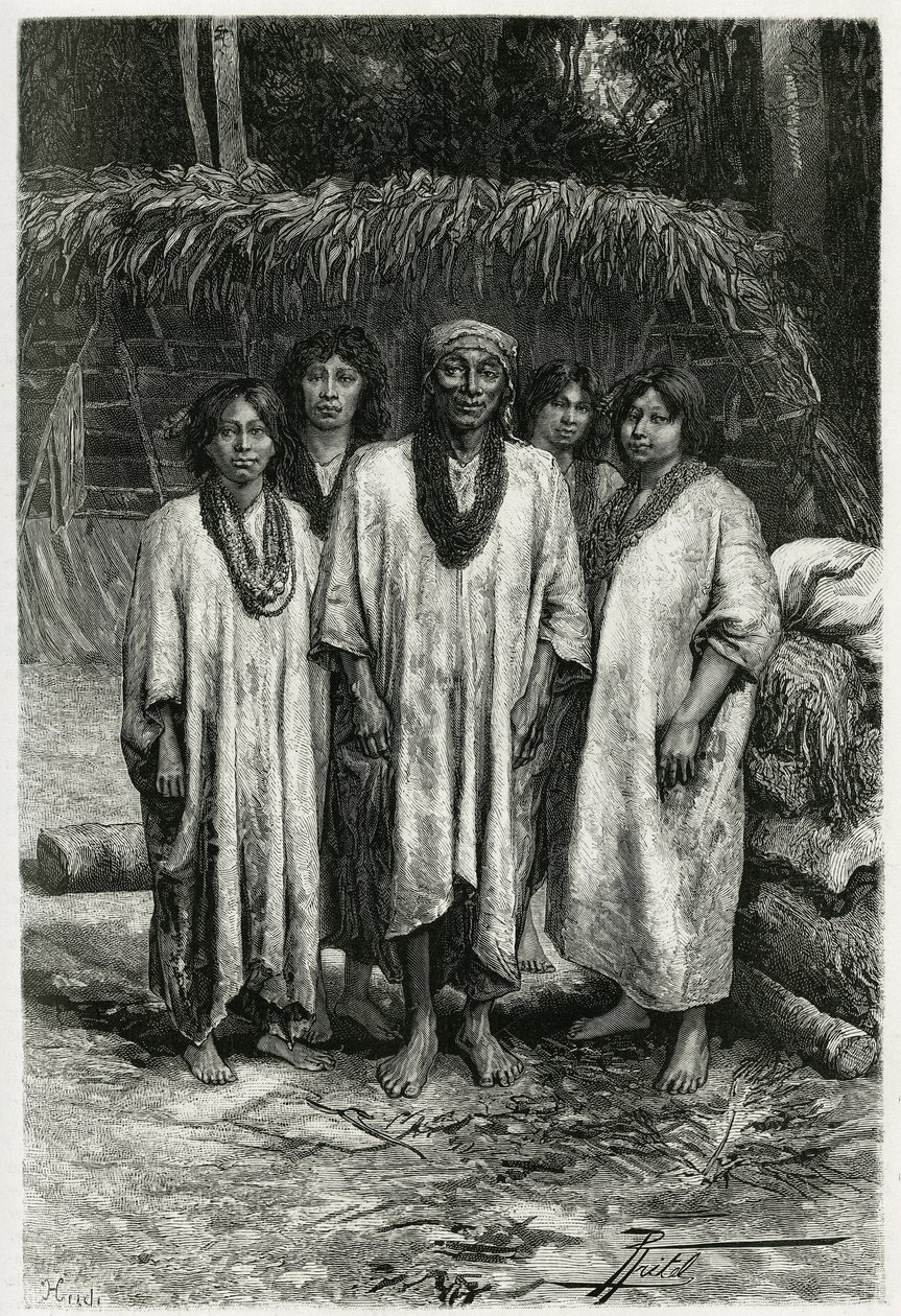 Jefe Lacandon y tipos Lacandon, pueblo maya que vive en las selvas de Chiapas (México). Grabado por P. Fritel, para ilustrar la historia "Viaje a Yucatán y la Tierra de los Lacandones", en 1882, por Désiré Charnay (1828-1915) arqueólogo y fotógrafo de Pierre Fritel