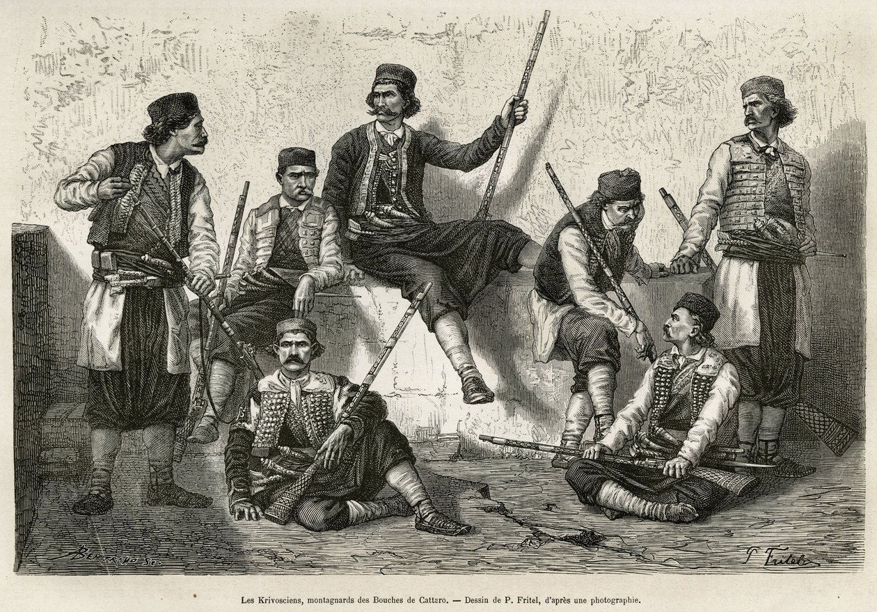 Los Krivoscians, montañeses de las Bocas de Cattaro (o Kotor, bahía en la costa occidental de Montenegro), armados para resistir la fuerza de invasión de las tropas austriacas. Grabado según el dibujo de P.Fritel, para ilustrar el viaje a Dalmacia, por C de Pierre Fritel