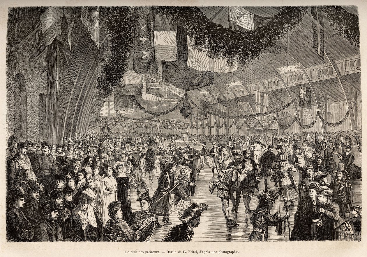 El club de patinadores de Montreal, en una reunión para una noche de patinaje de disfraces, ilustración de la excursión a Canadá y el río Rojo del norte, por H. De Lamotte, en 1873, publicado en “Le tour du monde” 1875, editado por Edouard Charton de Pierre Fritel