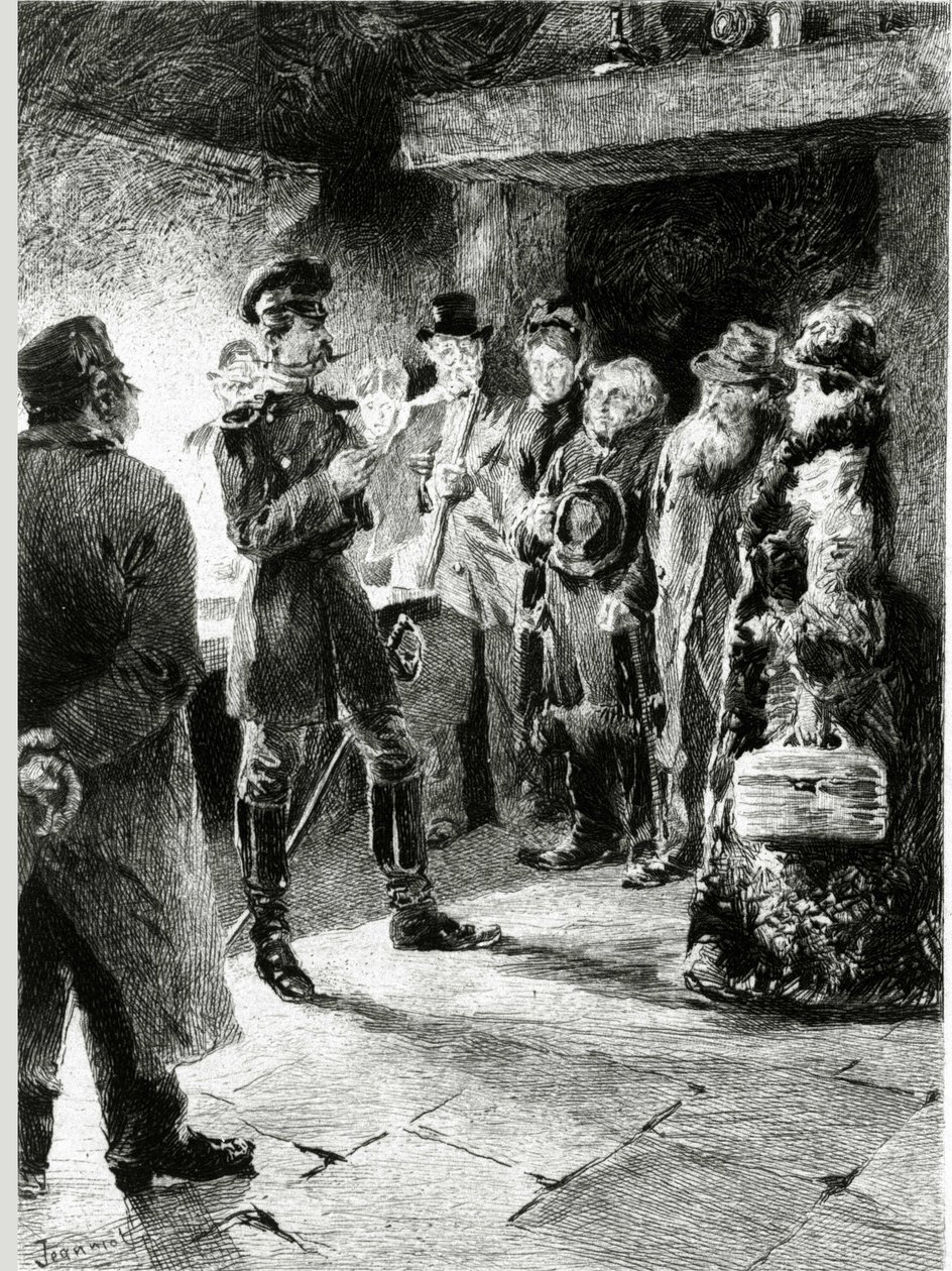 Un oficial alemán pide a Bola de Sebo a cambio de la libertad de todos los pasajeros que han sido arrestados en la diligencia. En “Bola de Sebo” de Guy de Maupassant (1850-1893). Ilustración de P. G. Jeanniot (1848-1934). Publicado en Ollendorff de Pierre Georges Jeanniot
