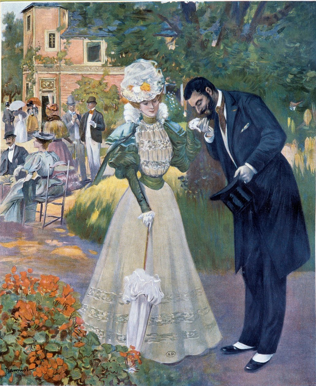 Belle époque: “Sexo de manos”: un hombre saludando a una mujer en una recepción. Ilustración de Jeanniot para “Le Figaro illustrious” Principios del siglo XX París, Artes Decorativas de Pierre Georges Jeanniot