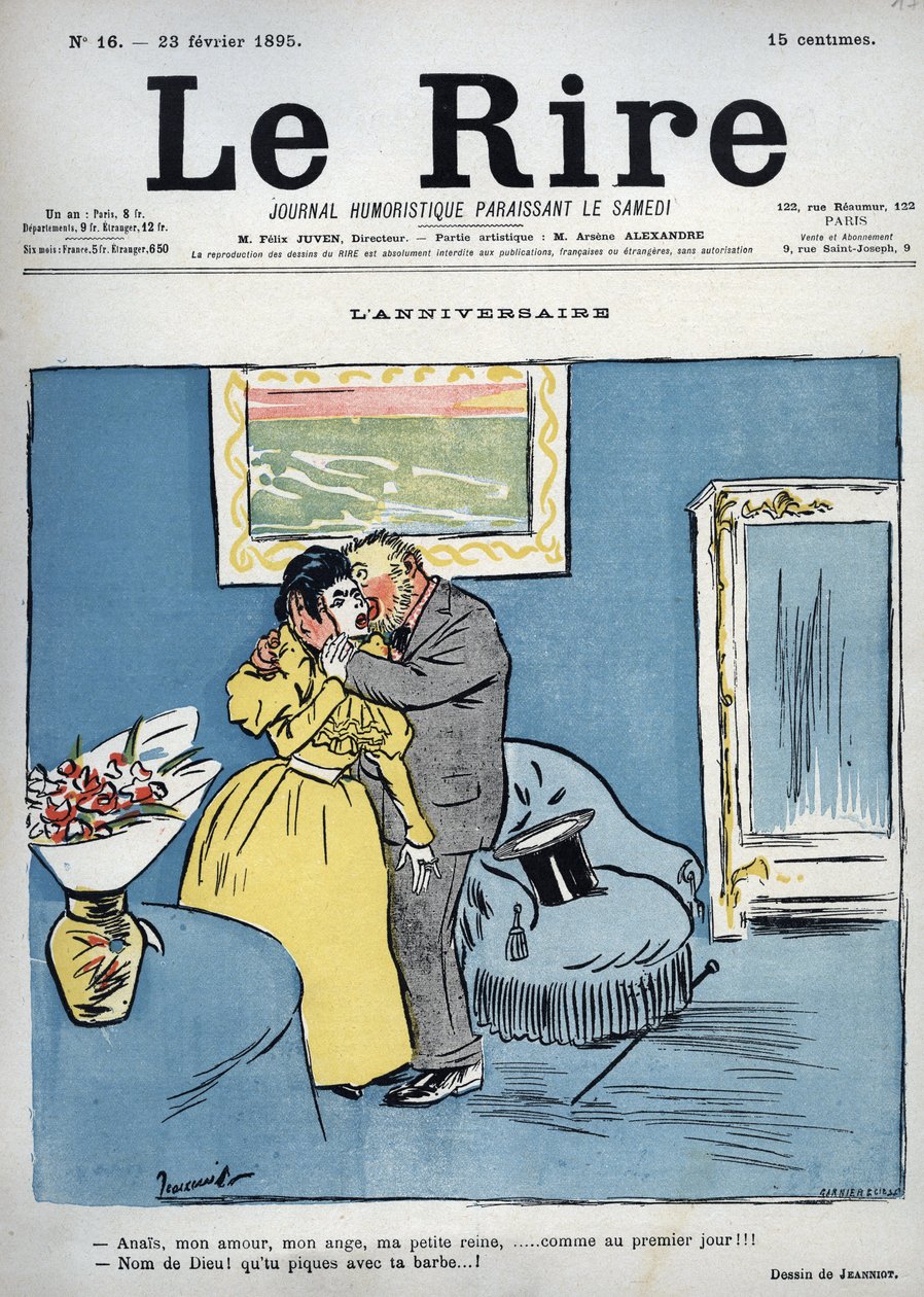 Cumpleaños - Anais, mi amor, mi ángel, mi pequeña reina, ¡como el primer día! - ¡Jesucristo! ¡Te estás pinchando con tu barba! - dibujo de Pierre Georges Jeanniot para “Le Rire” del 23 de febrero de Pierre Georges Jeanniot