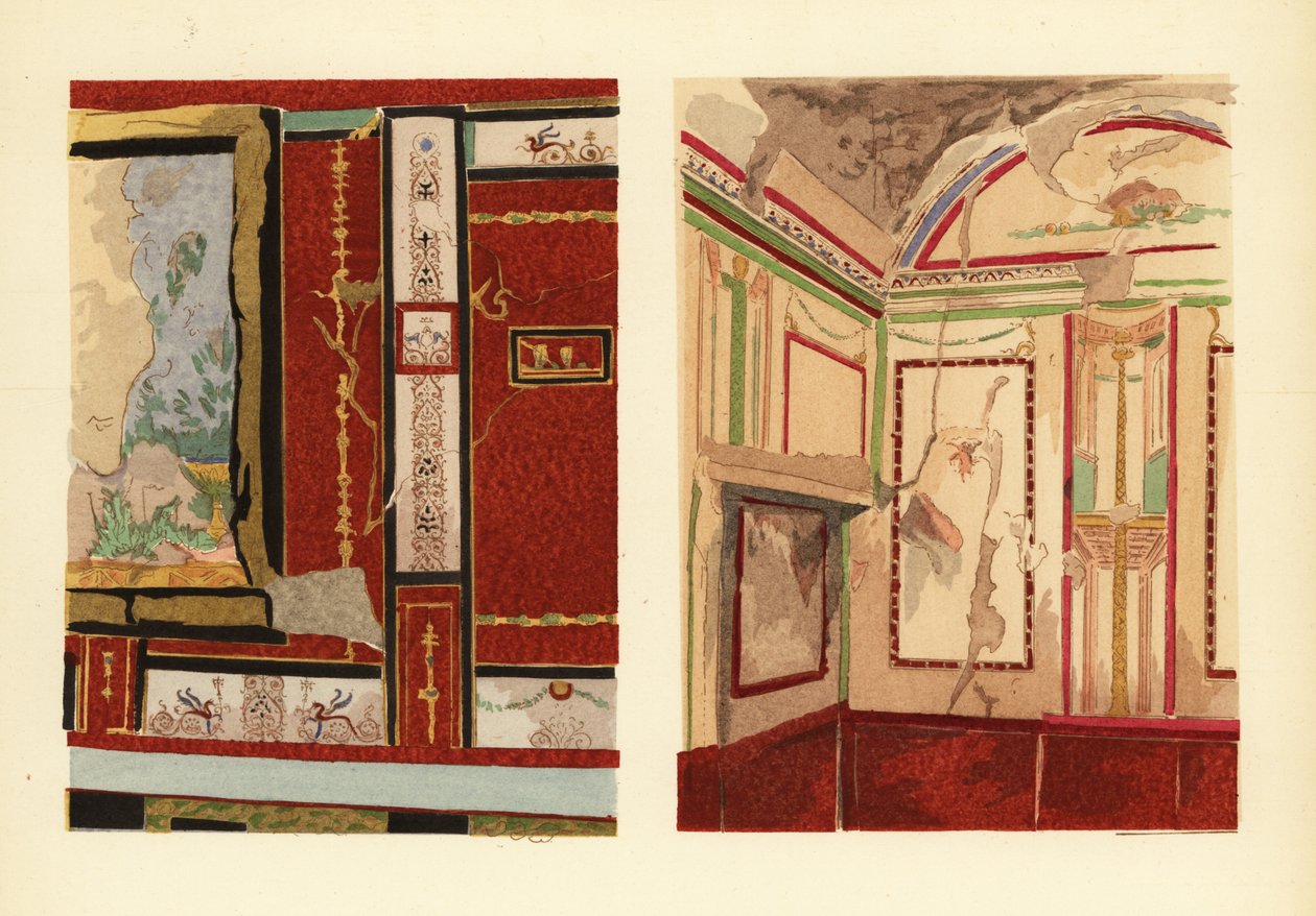 Casa de Tullius Faustus en la Strada della Fortuna (izquierda), y casa de Popidius Priscus (derecha), Pompeya, Chambre d’une maison située rue de la Fortune, Región IV de Pierre Gusman